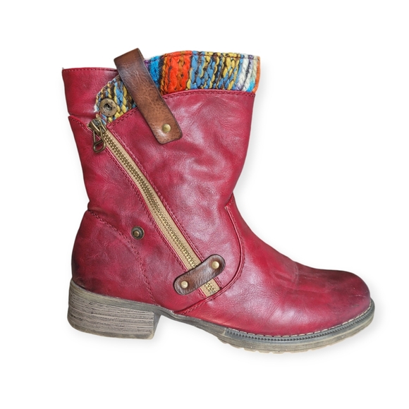 Rieker Shoes - Rieker Red booties with multicolor and sherpa double zipper size 9